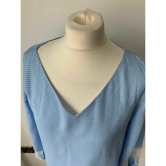 Massimo Dutti Gingham Lace Panel Bishop Sleeve Blouse Light Blue Size 10 / 38 - Picture 4 of 7